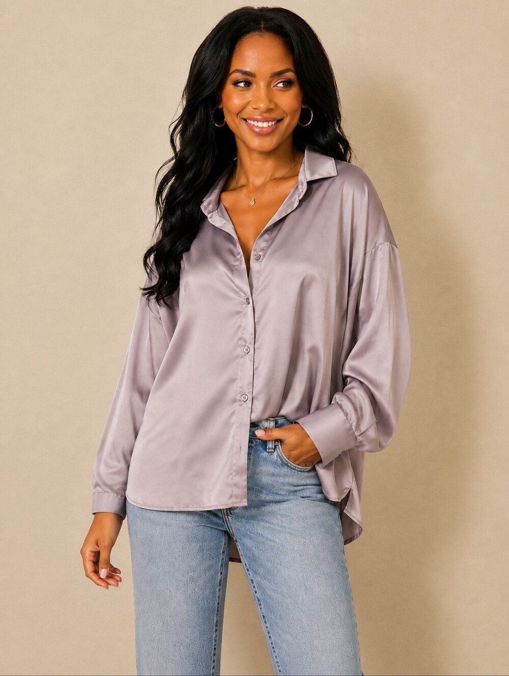 ❤️ NWT! RENEE C SATIN OVERSIZED BUTTON DOWN TOP / SHIRT, DUSTY LAVENDER, LARGE